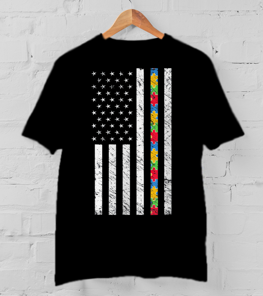 Autism Awareness American Flag Puzzle Piece T-Shirt
