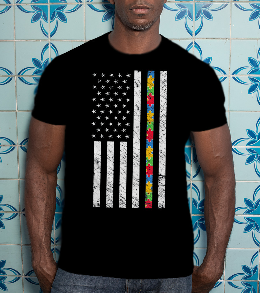 Autism Awareness American Flag Puzzle Piece T-Shirt