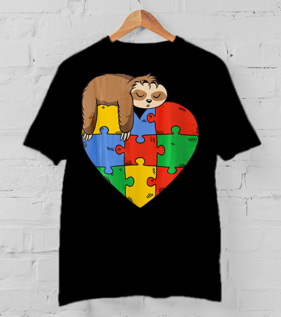 Cute Sloth Heart Puzzle Autism Parents Autistic Child T-Shirt