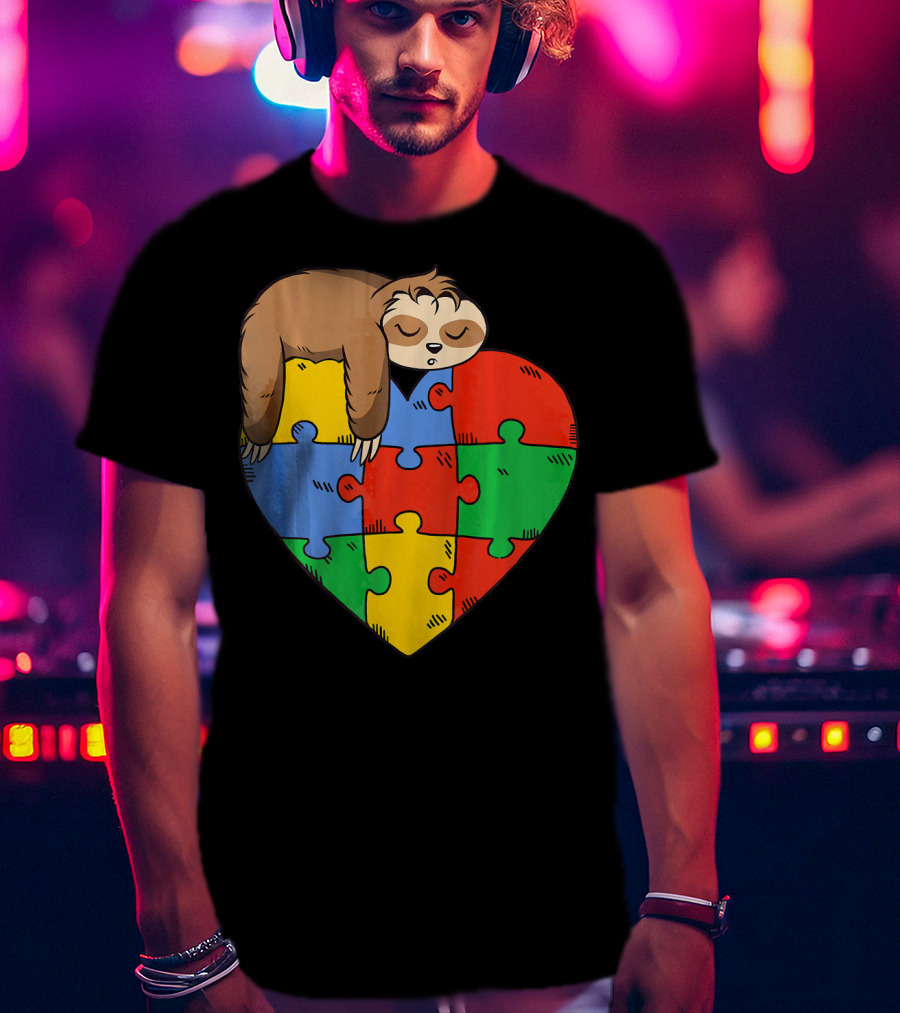 Cute Sloth Heart Puzzle Autism Parents Autistic Child T-Shirt