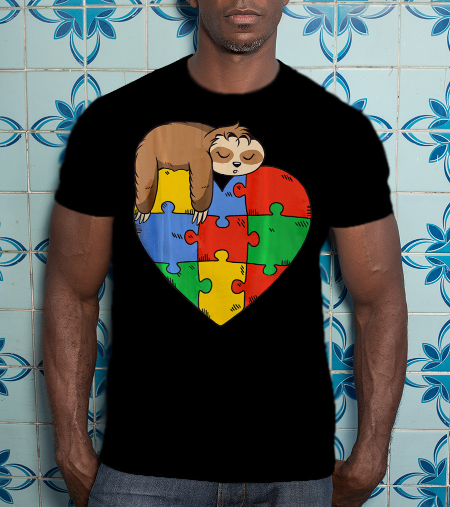 Cute Sloth Heart Puzzle Autism Parents Autistic Child T-Shirt