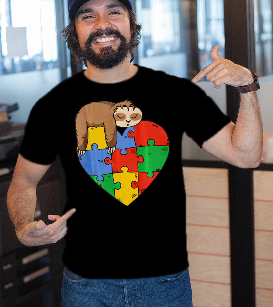 Cute Sloth Heart Puzzle Autism Parents Autistic Child T-Shirt