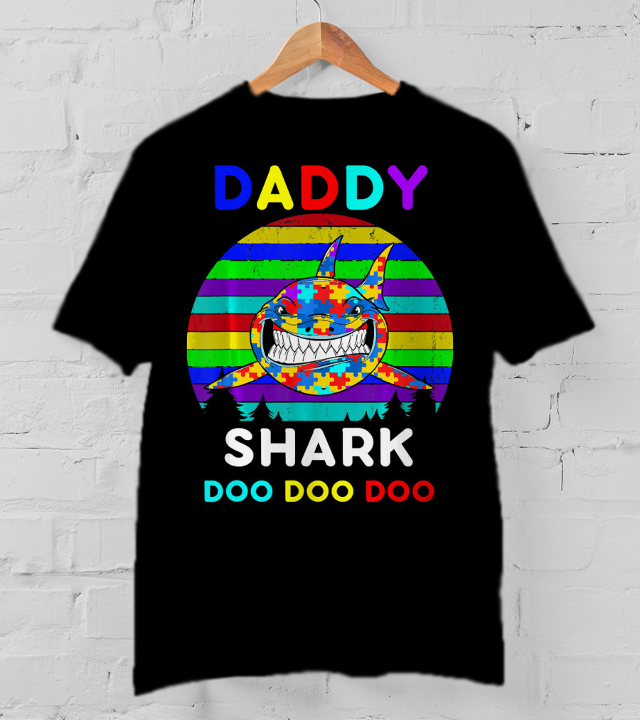 Daddy Shark Doo Doo Autism Awareness Colorful Puzzle Stripes T-Shirt