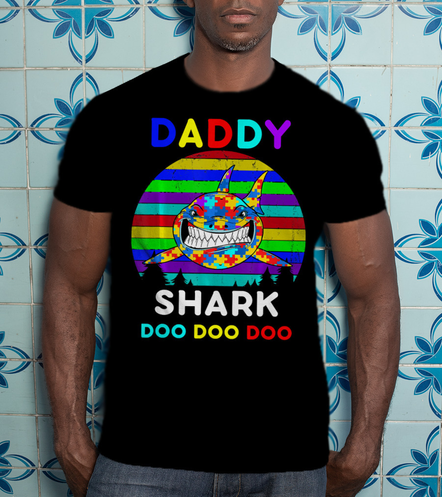 Daddy Shark Doo Doo Autism Awareness Colorful Puzzle Stripes T-Shirt