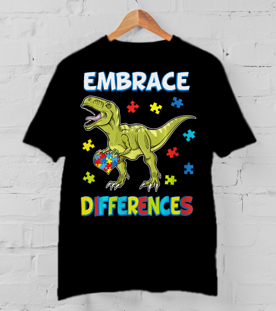 Embrace Differences Dinosaurus Trex Auti Puzzle Heart T-Shirt