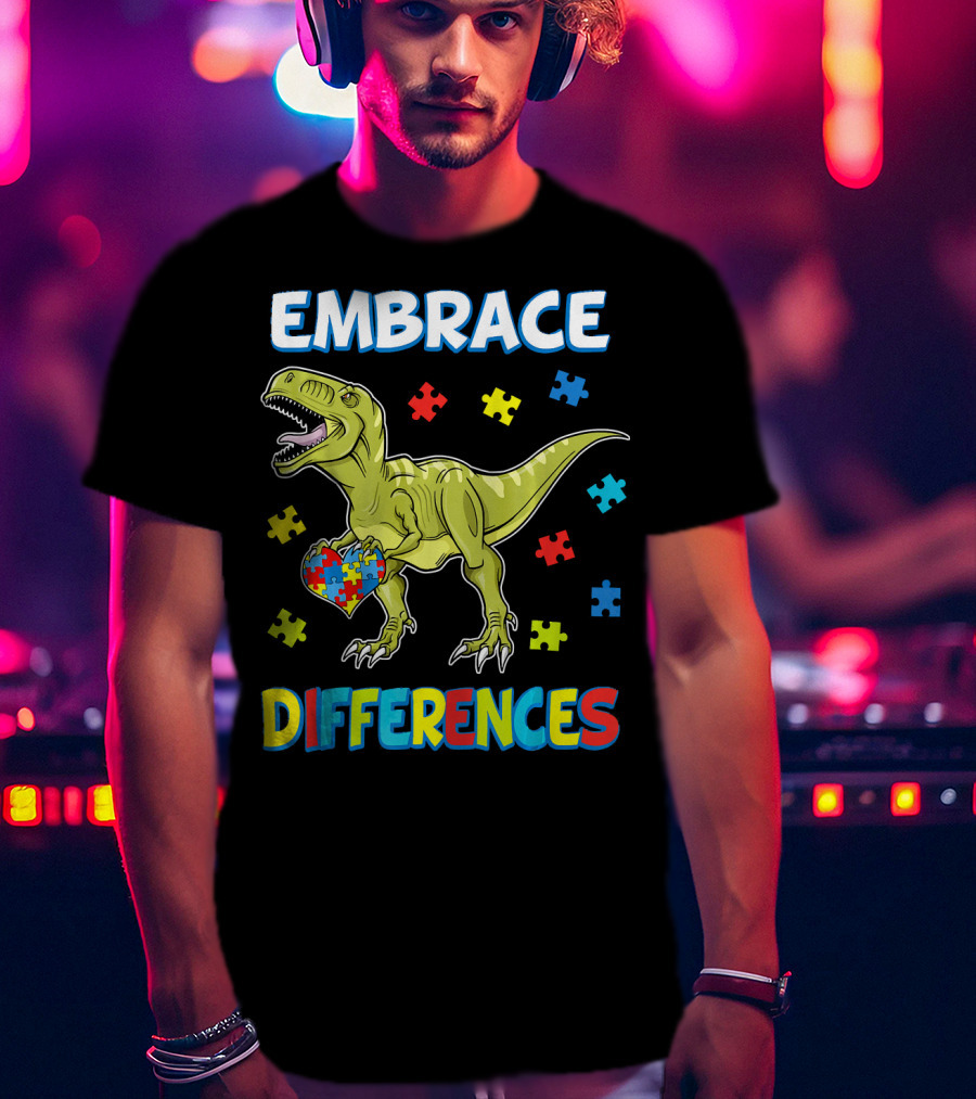 Embrace Differences Dinosaurus Trex Auti Puzzle Heart T-Shirt