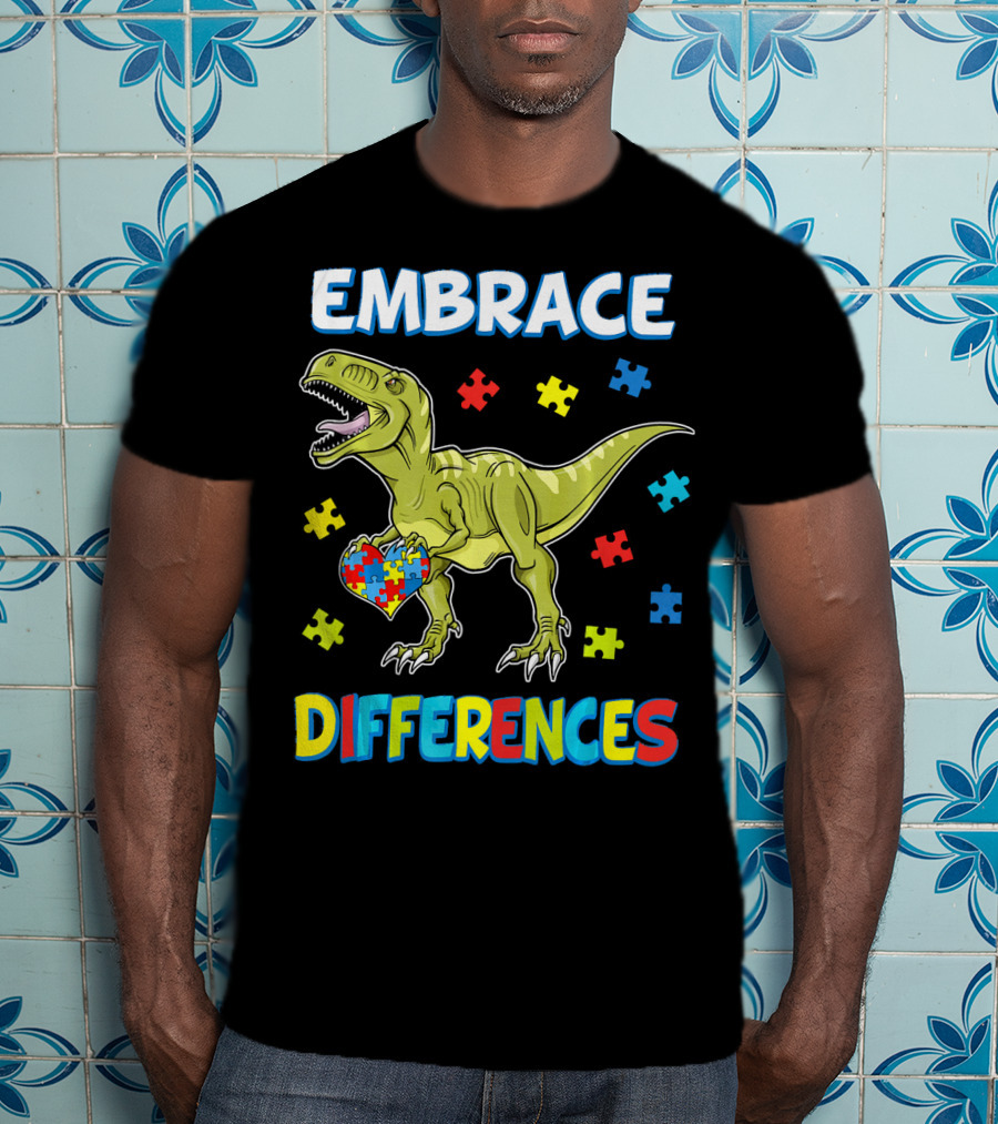Embrace Differences Dinosaurus Trex Auti Puzzle Heart T-Shirt