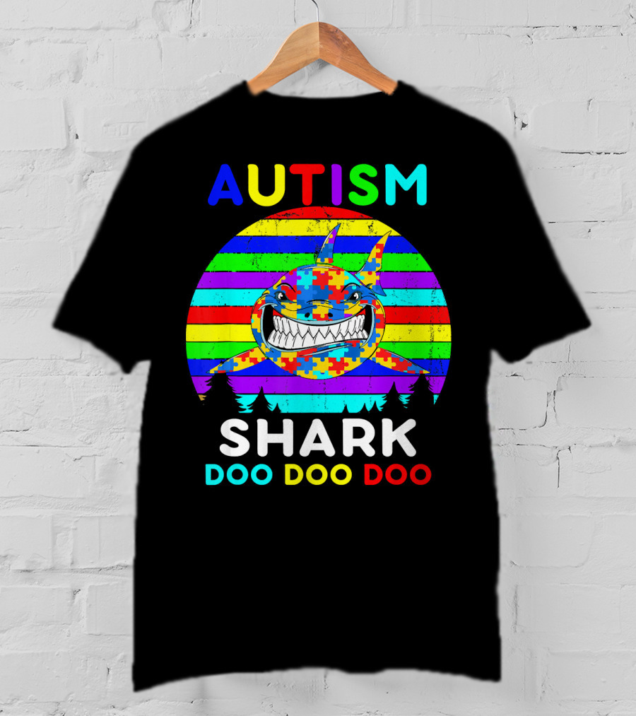 Autism Shark Doo Doo Doo Puzzle Piece Rainbow Awareness T-Shirt