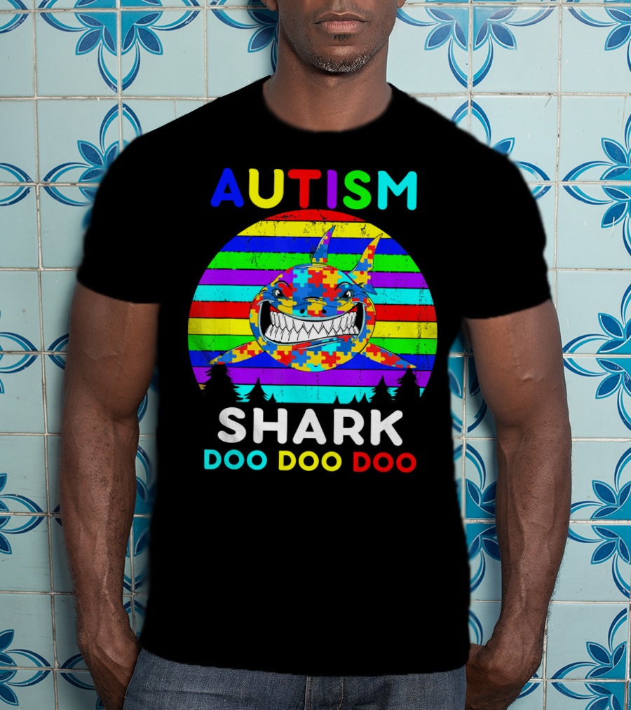 Autism Shark Doo Doo Doo Puzzle Piece Rainbow Awareness T-Shirt