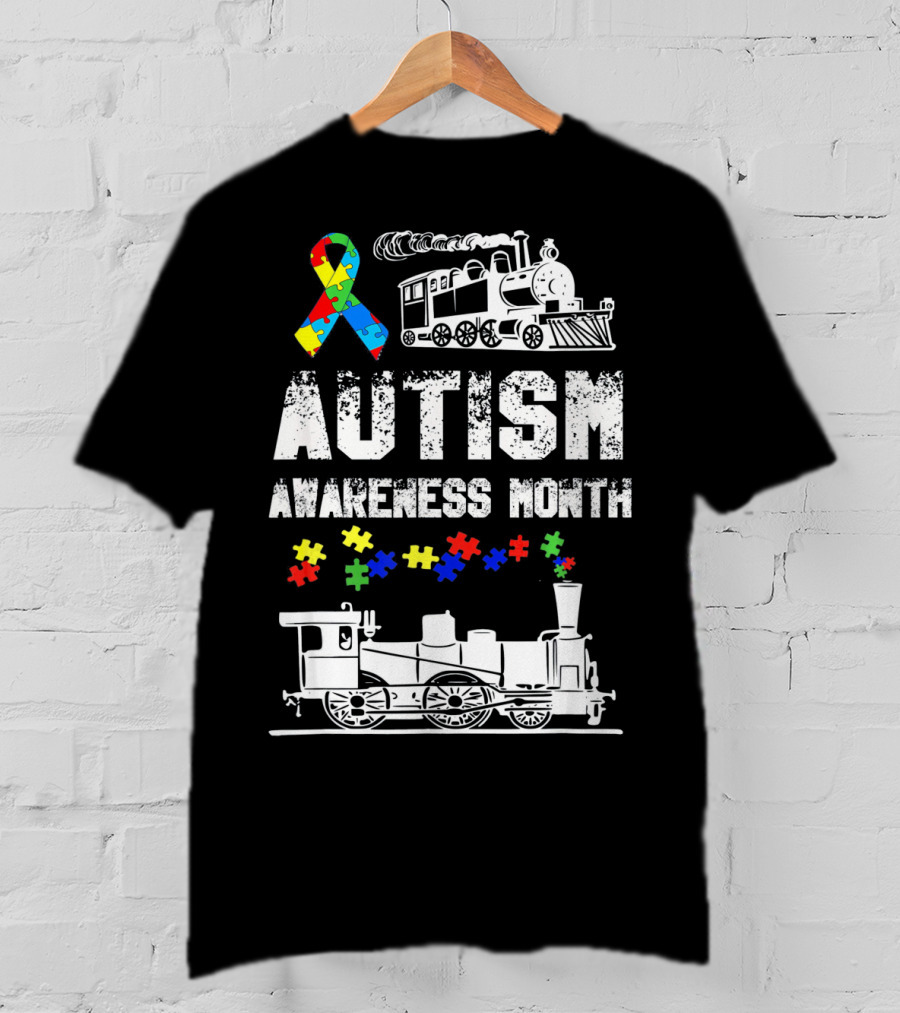 Autism Awareness Month Puzzle Ribbon Steam Train T-Shirt