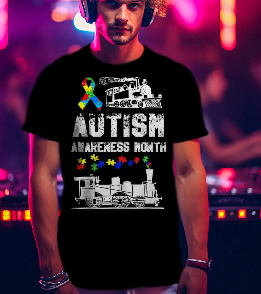 Autism Awareness Month Puzzle Ribbon Steam Train T-Shirt