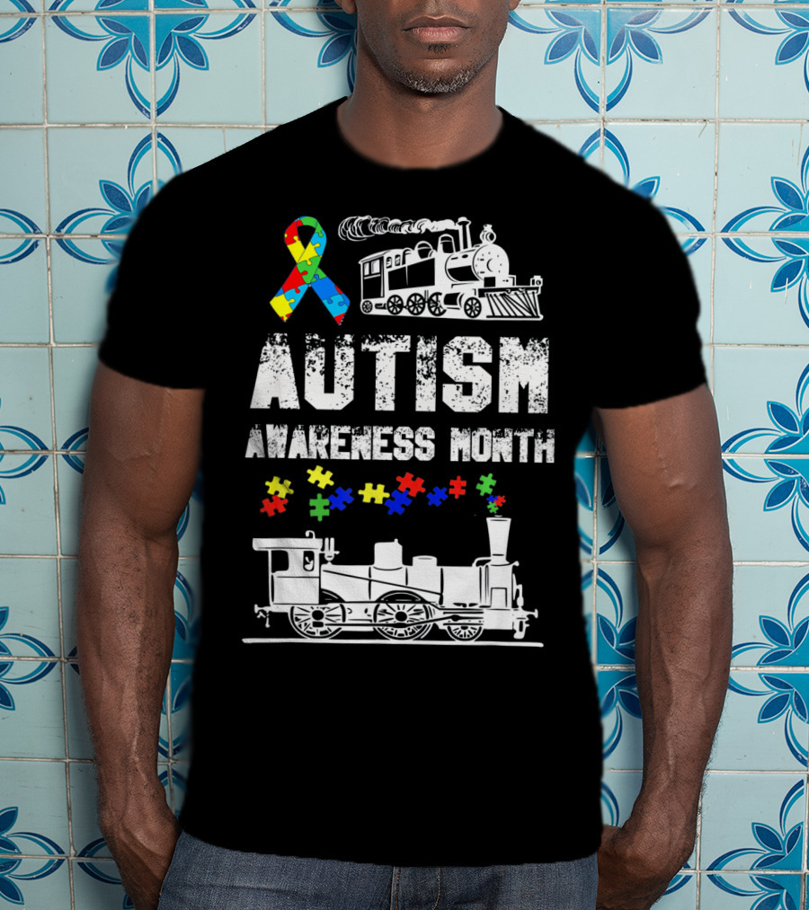 Autism Awareness Month Puzzle Ribbon Steam Train T-Shirt