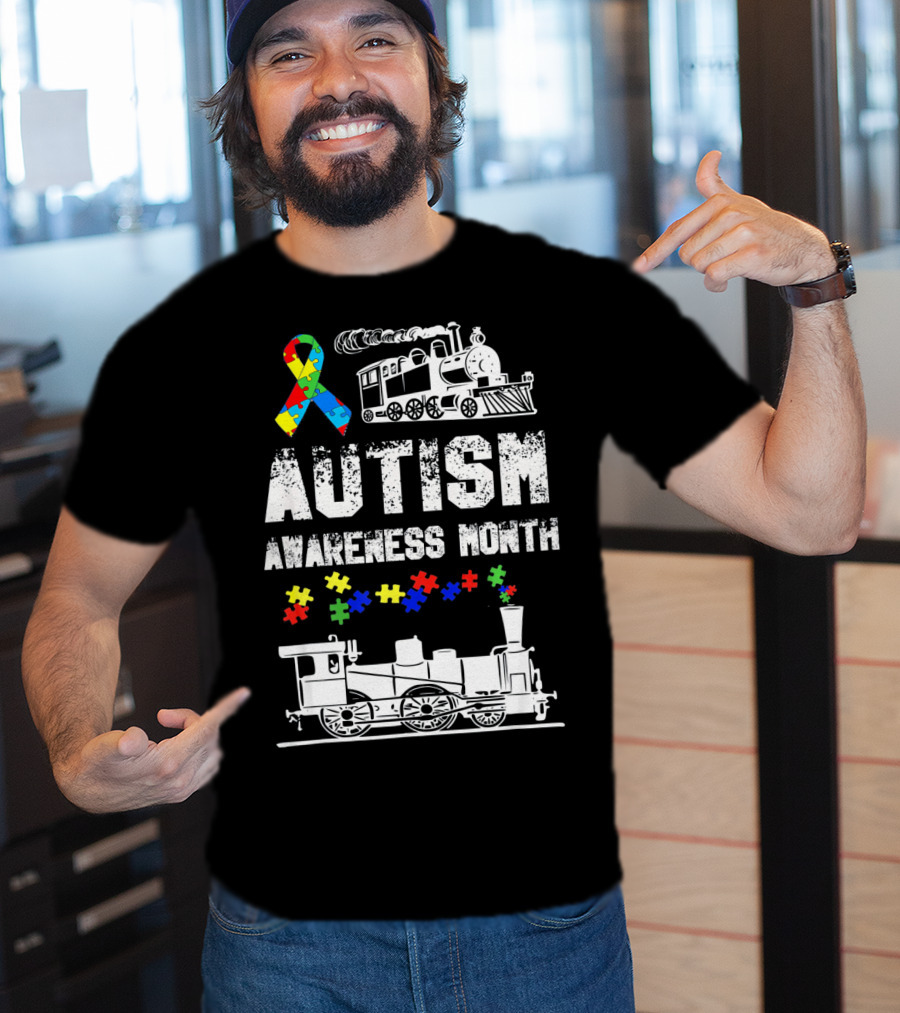Autism Awareness Month Puzzle Ribbon Steam Train T-Shirt