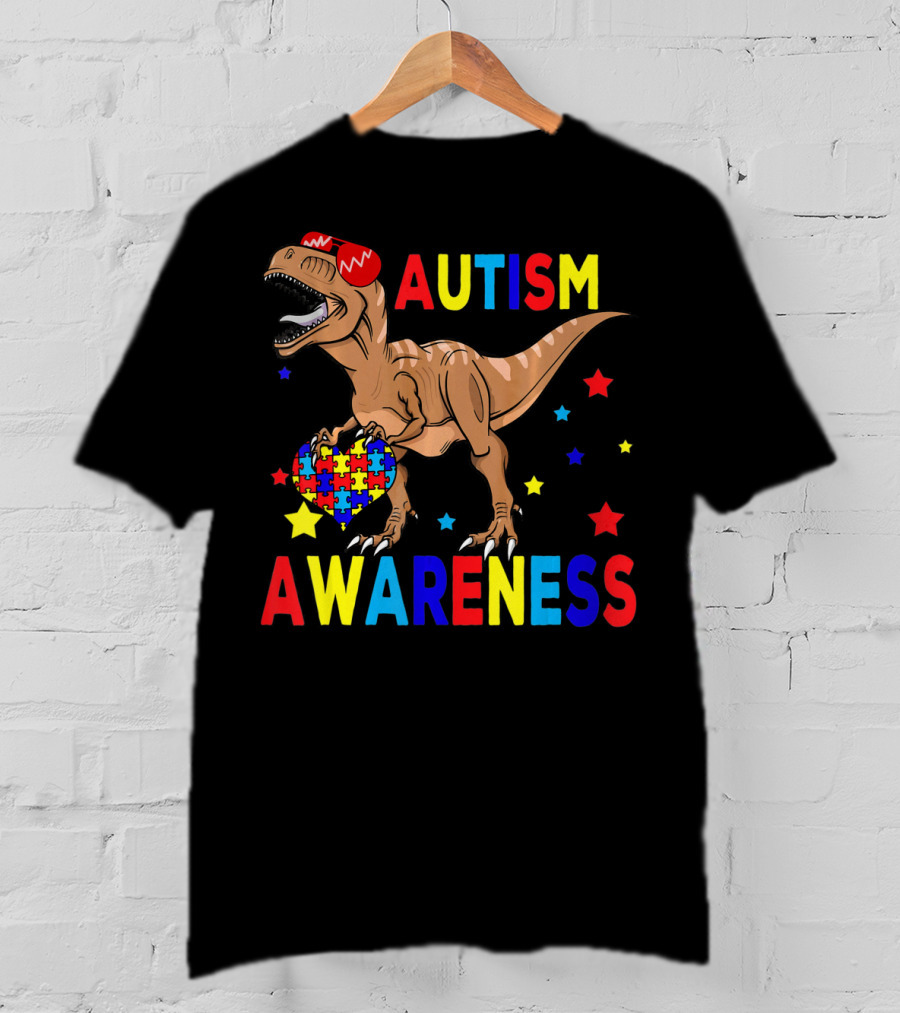 Cool Rex Dino Autism Awareness Puzzle Heart And Stars T-Shirt