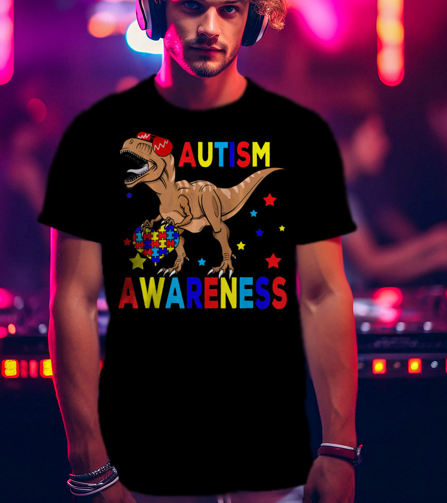 Cool Rex Dino Autism Awareness Puzzle Heart And Stars T-Shirt