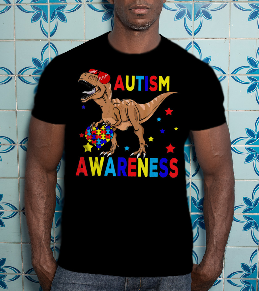 Cool Rex Dino Autism Awareness Puzzle Heart And Stars T-Shirt