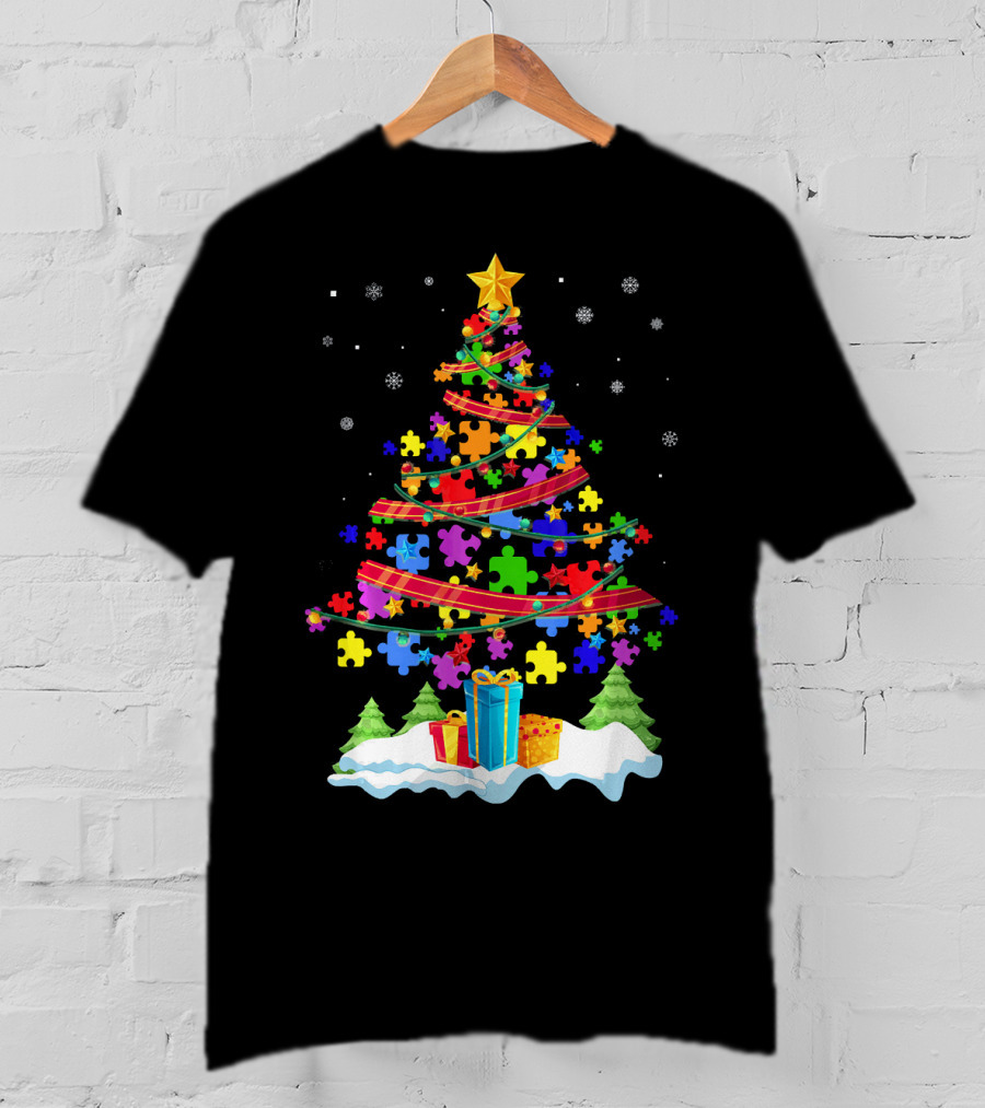 Autism Christmas Tree Puzzle Pieces And Gifts Festive T-Shirt