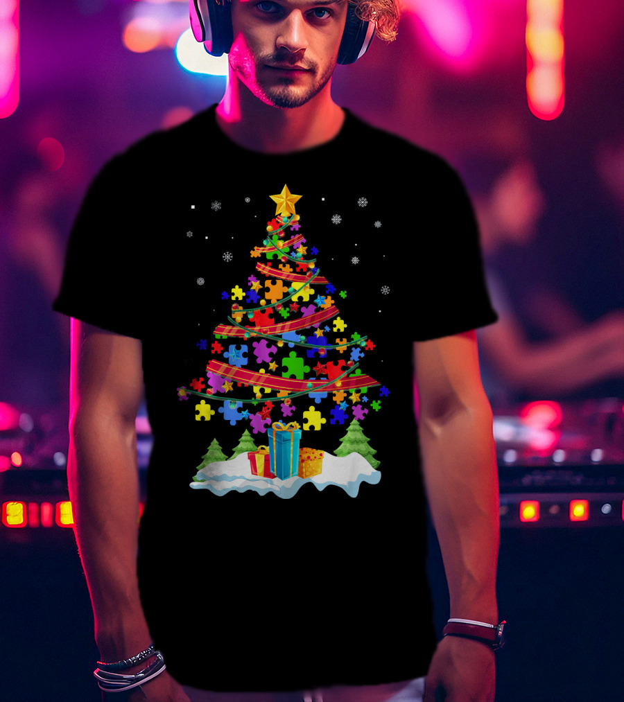 Autism Christmas Tree Puzzle Pieces And Gifts Festive T-Shirt