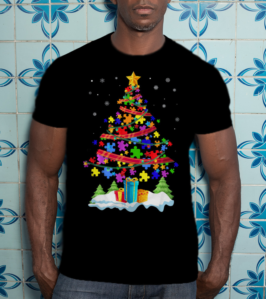 Autism Christmas Tree Puzzle Pieces And Gifts Festive T-Shirt