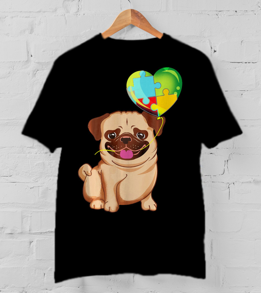 Autism Awareness Pug Puppy Heart Puzzle Balloon T-Shirt