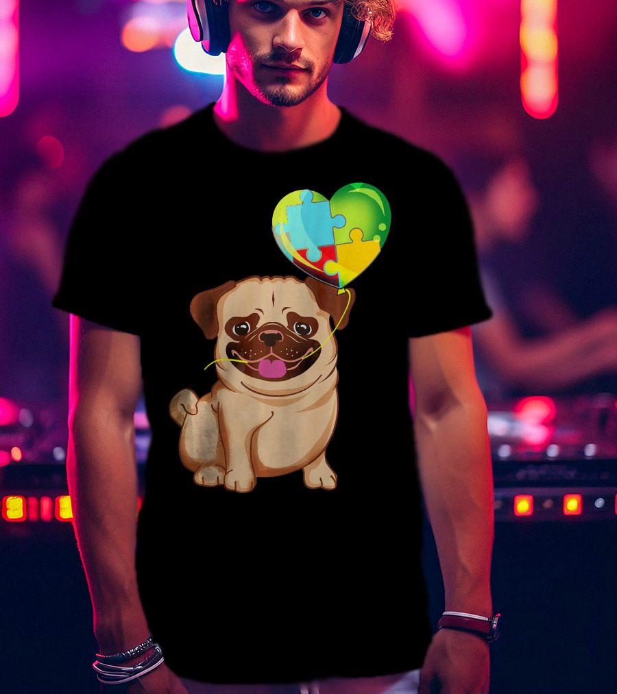 Autism Awareness Pug Puppy Heart Puzzle Balloon T-Shirt