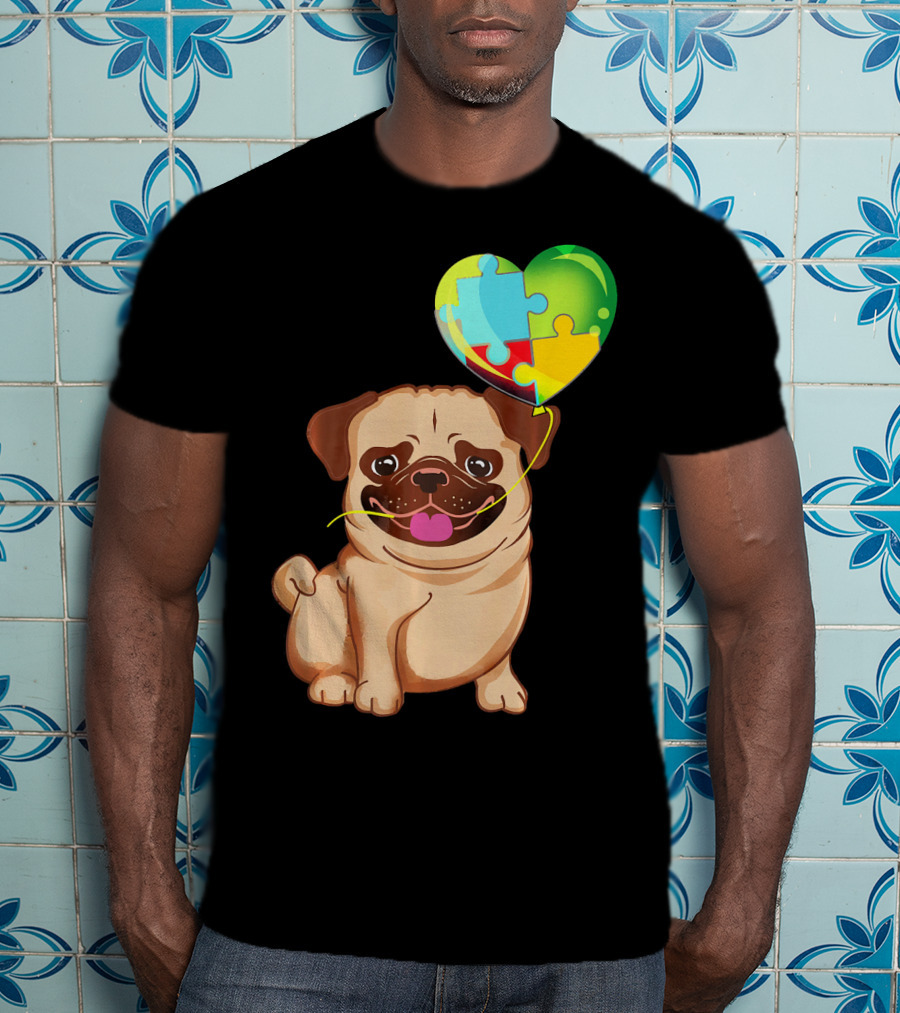 Autism Awareness Pug Puppy Heart Puzzle Balloon T-Shirt