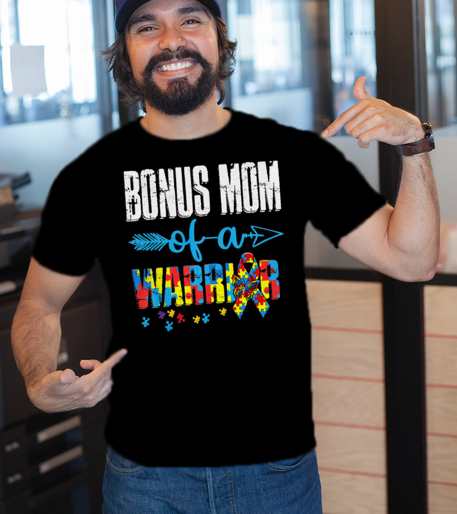 Bonus Mom Of A Warrior Autism Awareness Puzzle T-Shirt