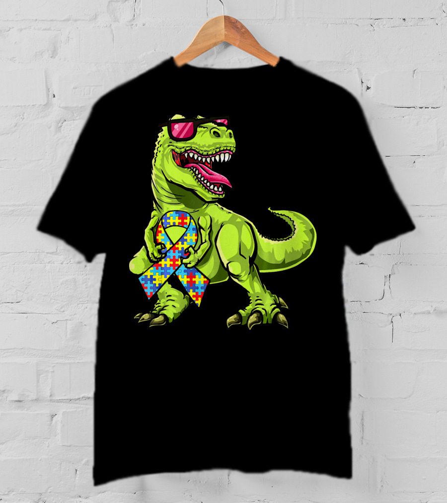Dinosaur Rex With Autism Awareness Puzzle Ribbon And Sunglasses T-Shirt