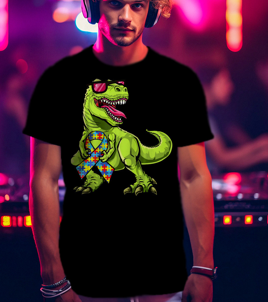 Dinosaur Rex With Autism Awareness Puzzle Ribbon And Sunglasses T-Shirt