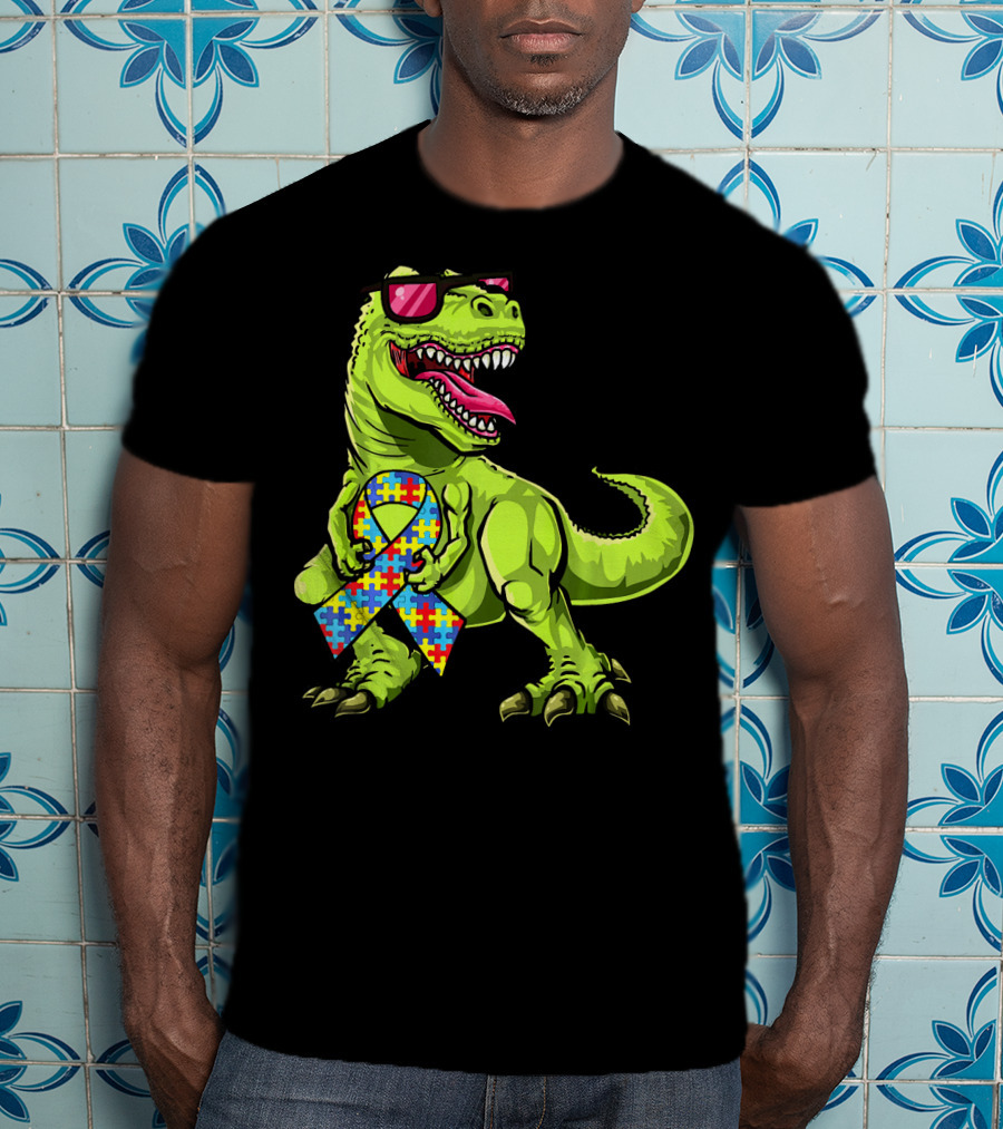 Dinosaur Rex With Autism Awareness Puzzle Ribbon And Sunglasses T-Shirt