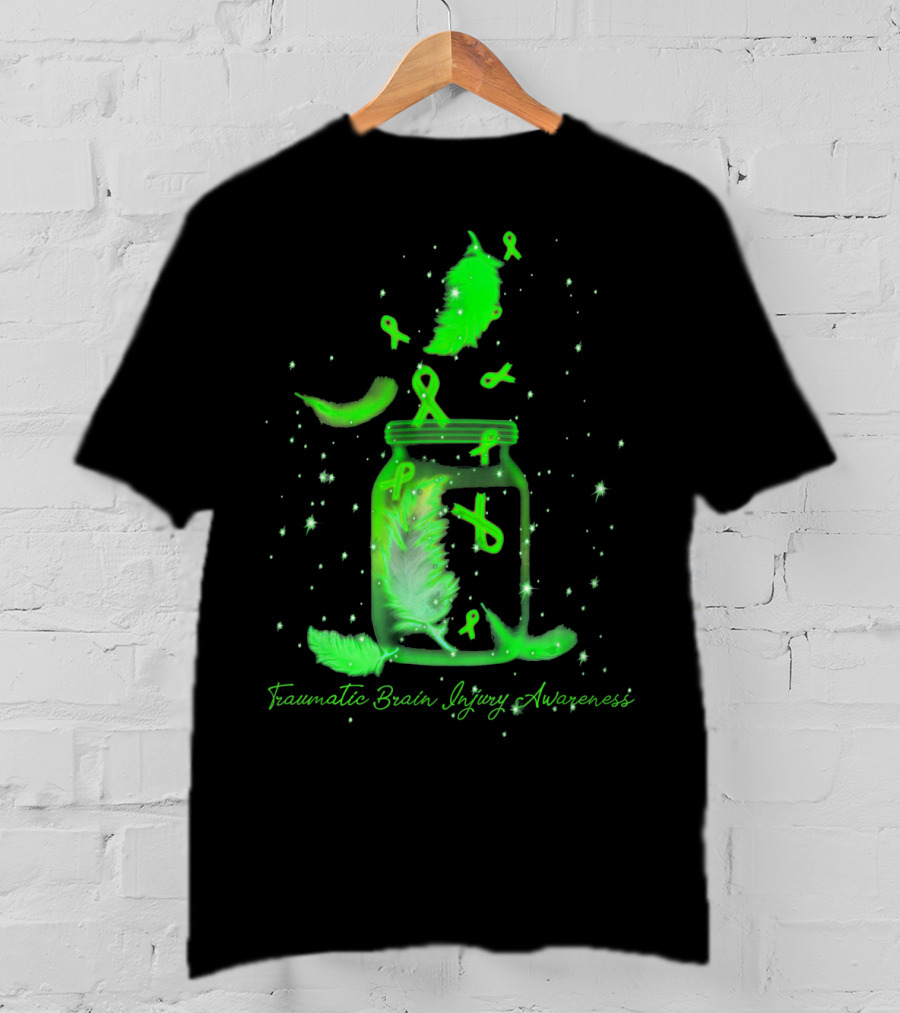 Traumatic Brain Injury Awareness Dream Jar With Green Ribbons And Feathers T-Shirt