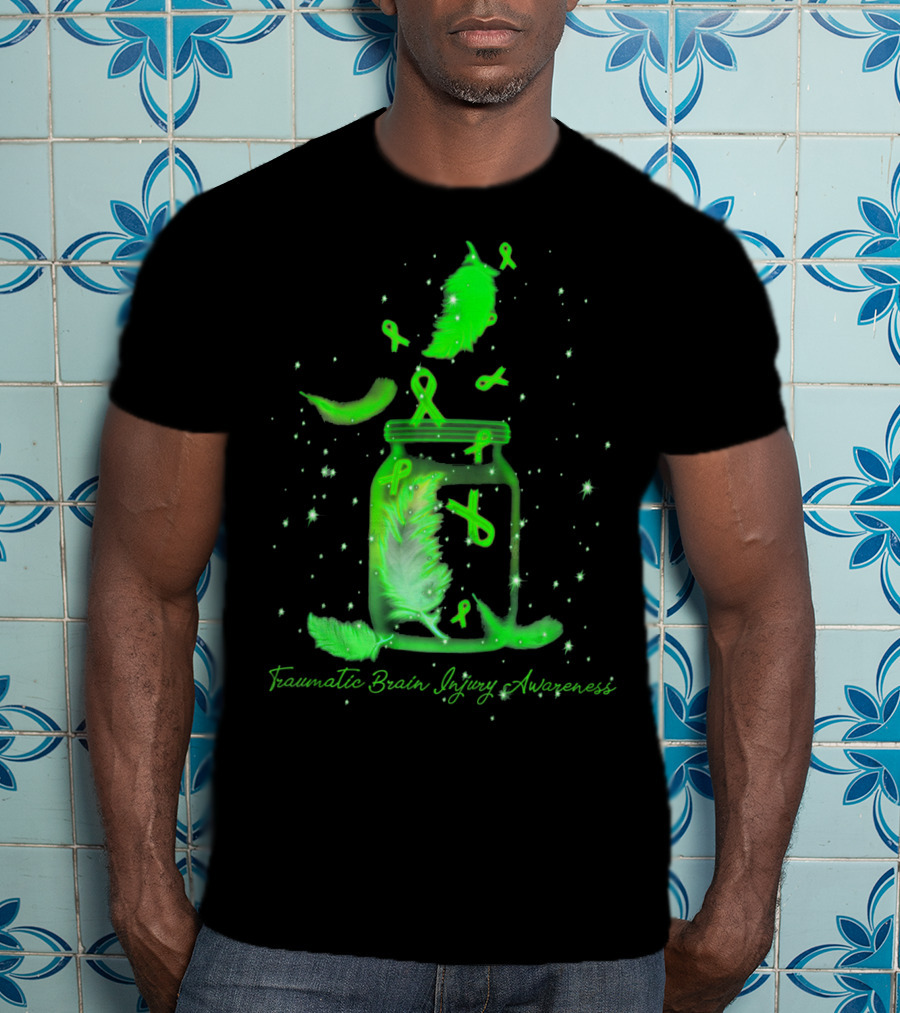 Traumatic Brain Injury Awareness Dream Jar With Green Ribbons And Feathers T-Shirt