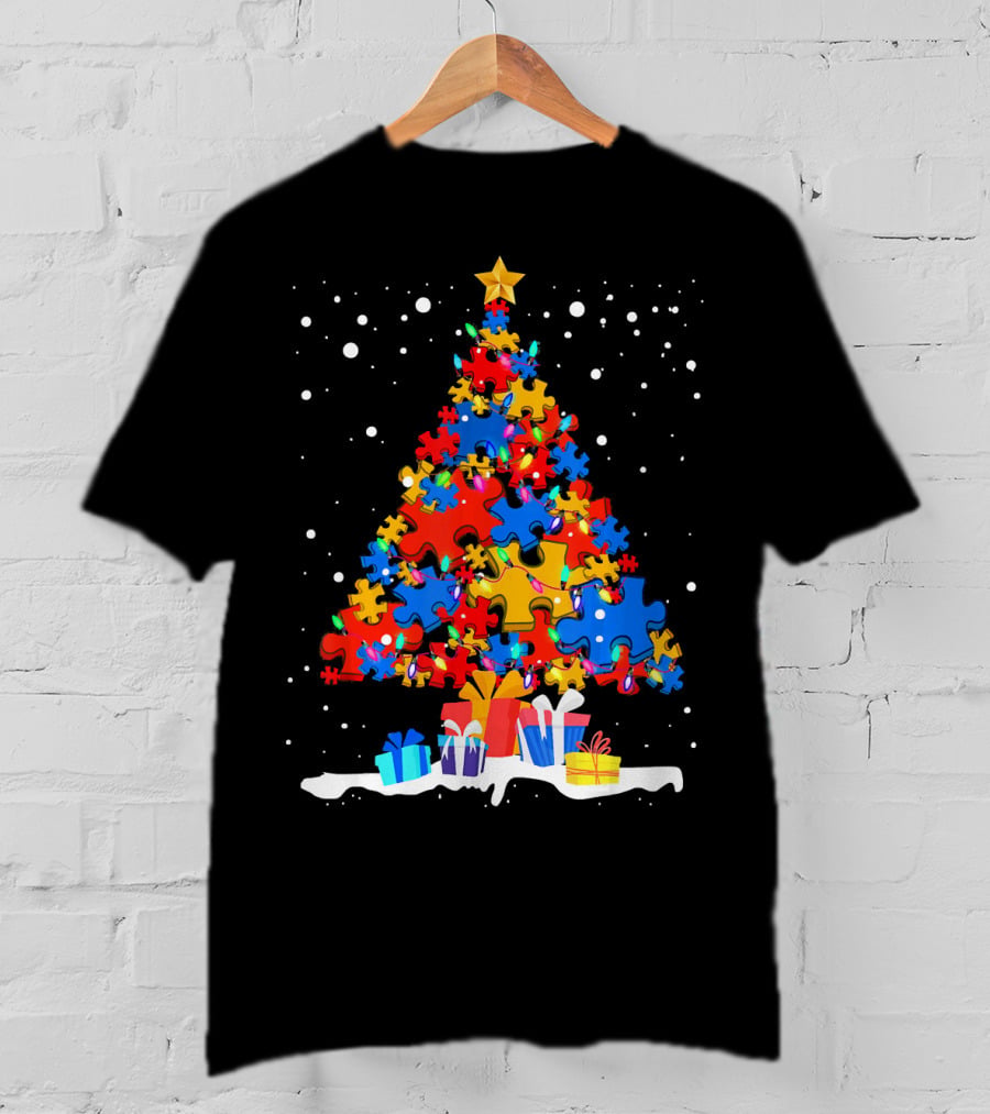 Autism Puzzle Pieces Christmas Tree With Presents Snowflakes T-Shirt