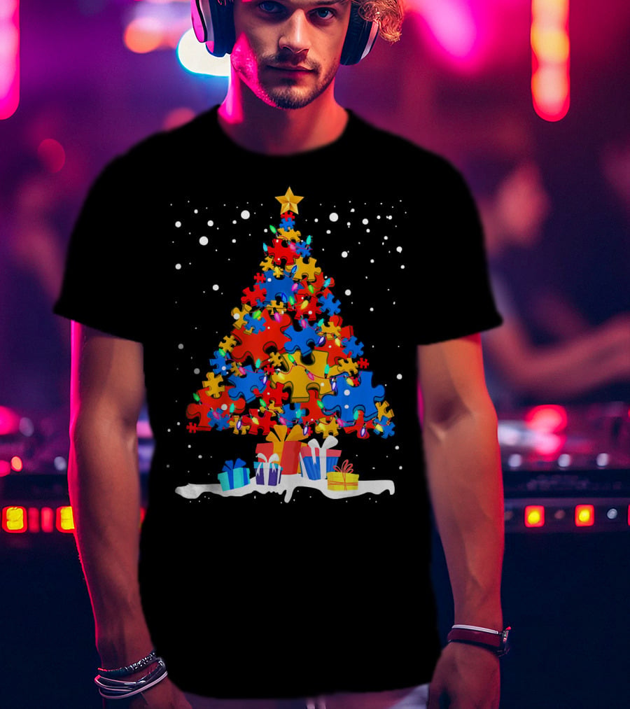 Autism Puzzle Pieces Christmas Tree With Presents Snowflakes T-Shirt