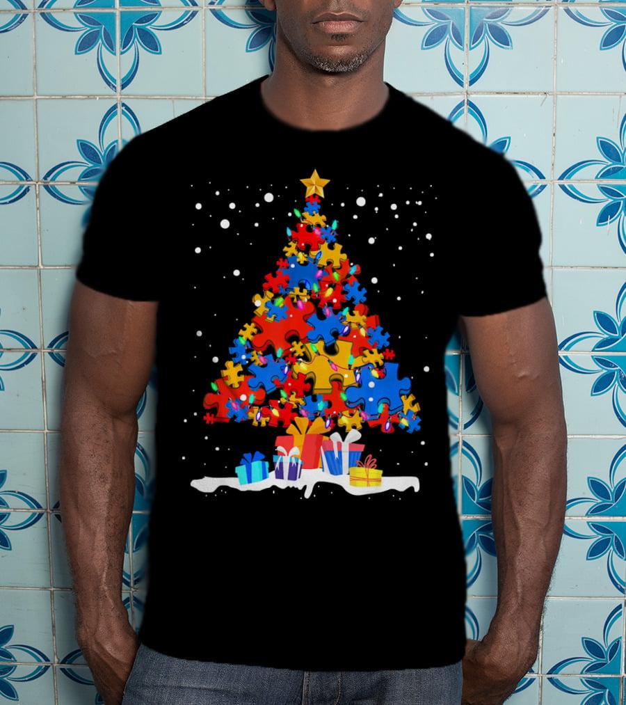 Autism Puzzle Pieces Christmas Tree With Presents Snowflakes T-Shirt