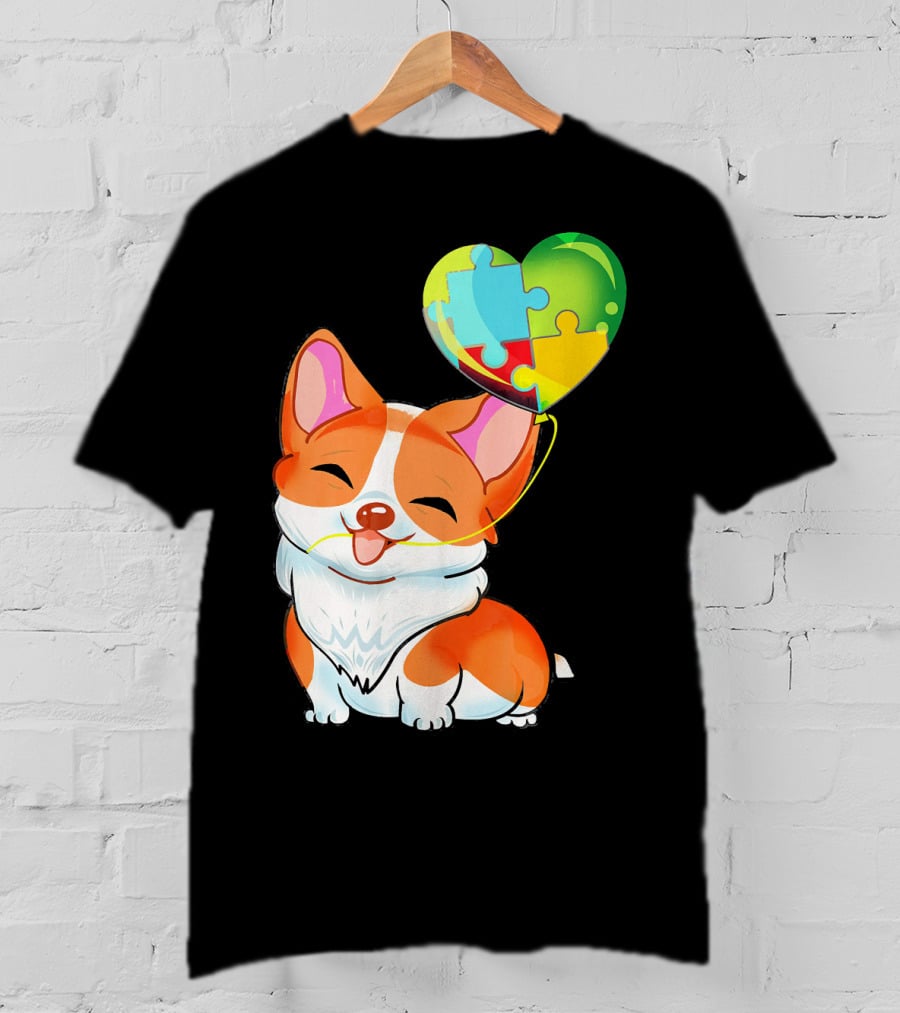 Autism Awareness Corgi Puppy With Heart Balloon Puzzle T-Shirt