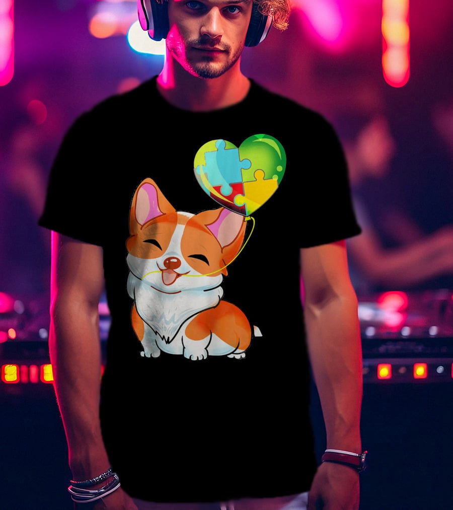 Autism Awareness Corgi Puppy With Heart Balloon Puzzle T-Shirt