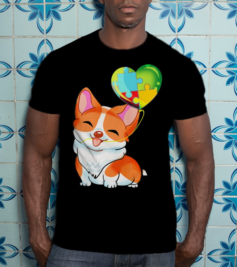 Autism Awareness Corgi Puppy With Heart Balloon Puzzle T-Shirt