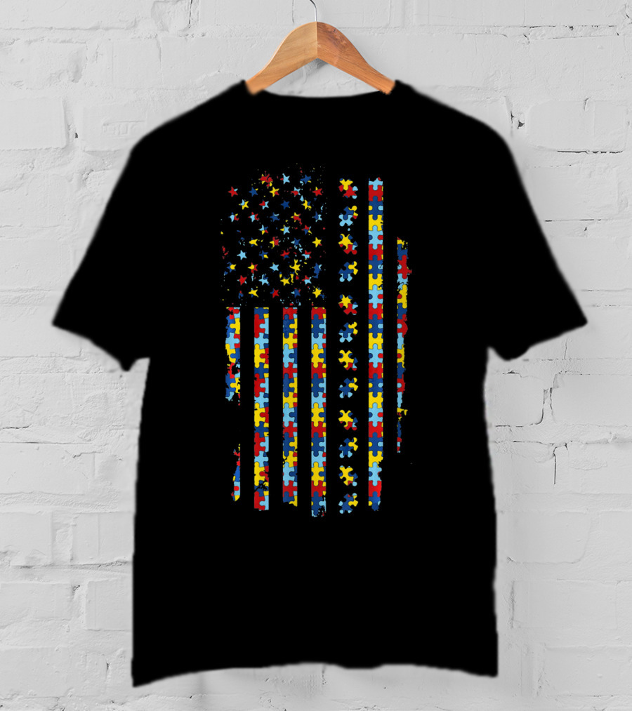 USA Flag Autism Awareness Puzzle T-Shirt