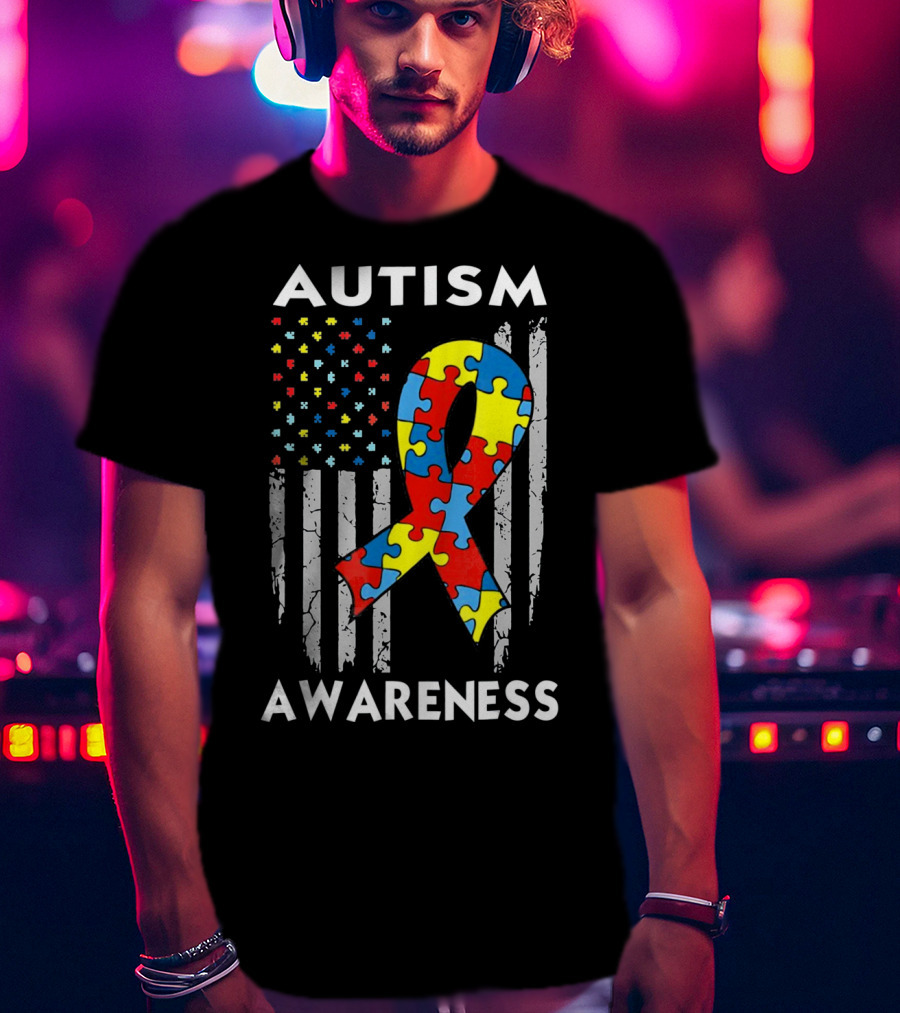 Autism Awareness USA American Flag Puzzle T-Shirt