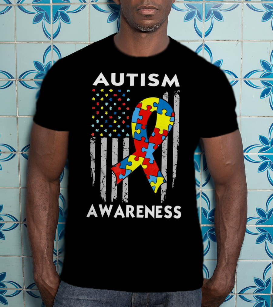 Autism Awareness USA American Flag Puzzle T-Shirt