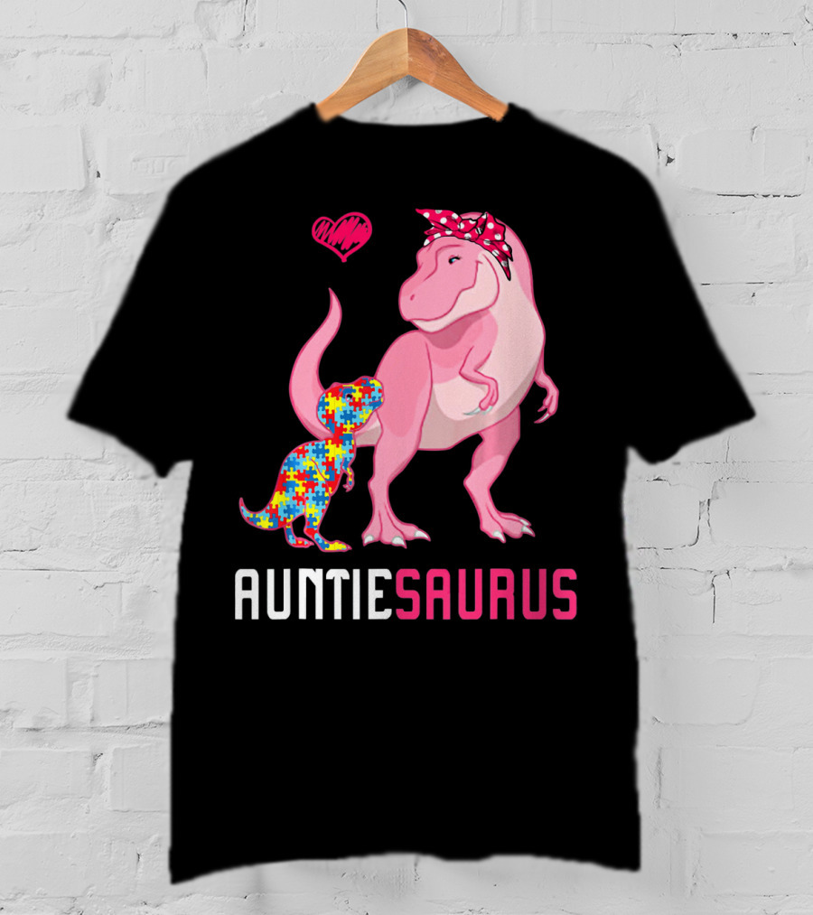 Auntiesaurus Dinosaur Puzzle Piece Heart Autism Awareness T-Shirt