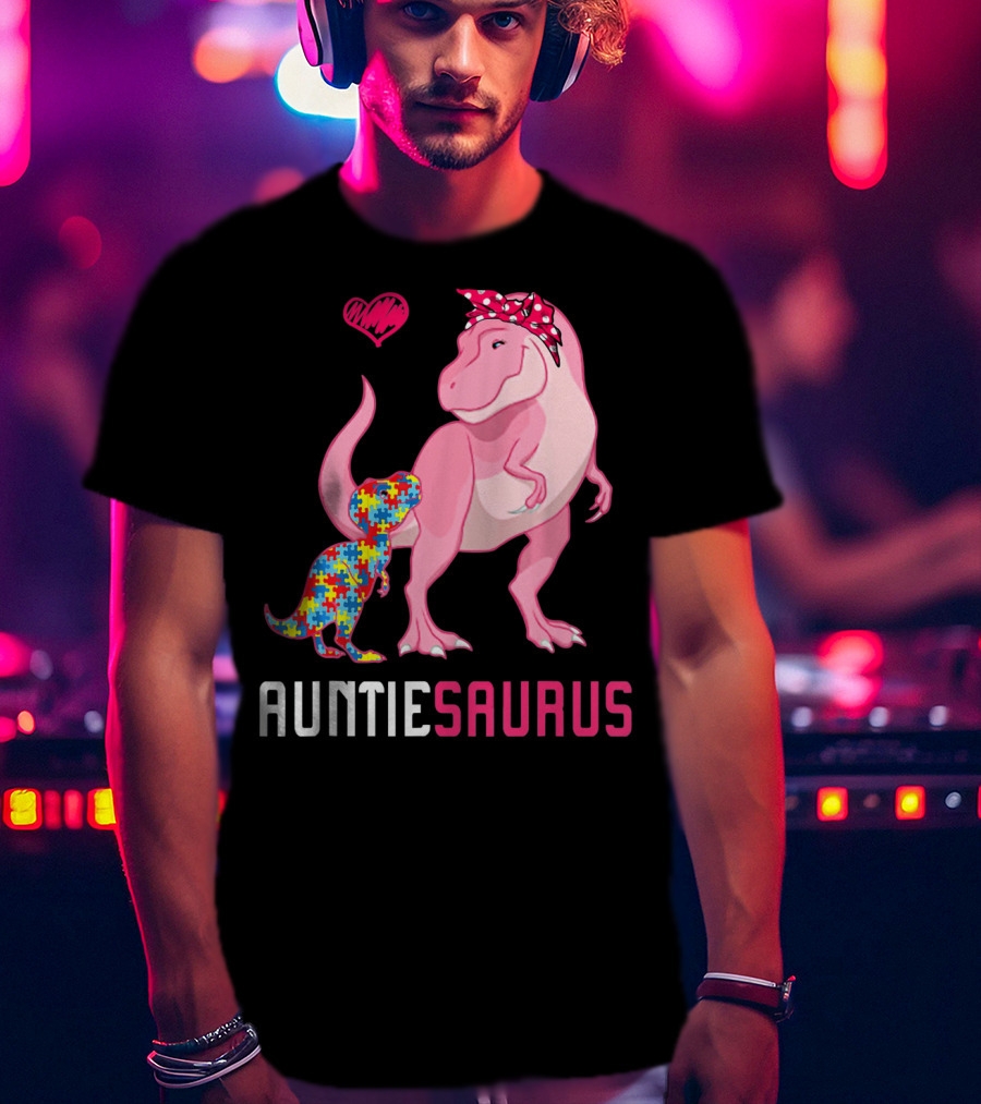 Auntiesaurus Dinosaur Puzzle Piece Heart Autism Awareness T-Shirt