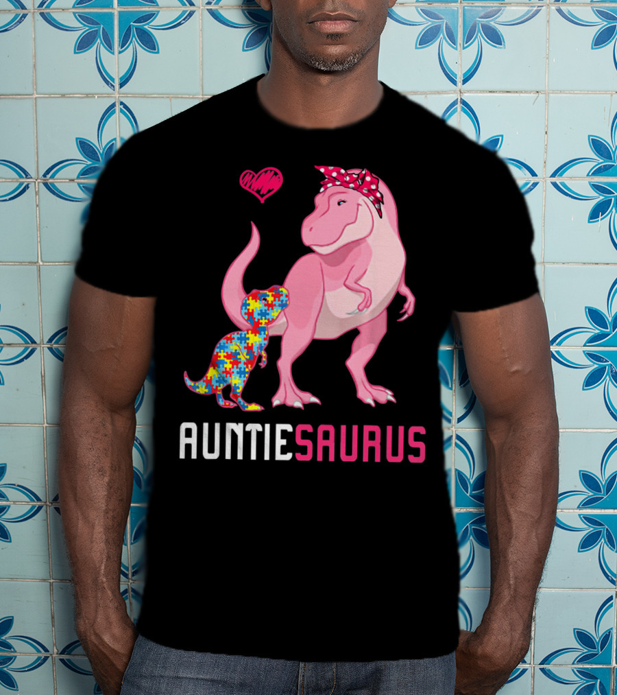 Auntiesaurus Dinosaur Puzzle Piece Heart Autism Awareness T-Shirt