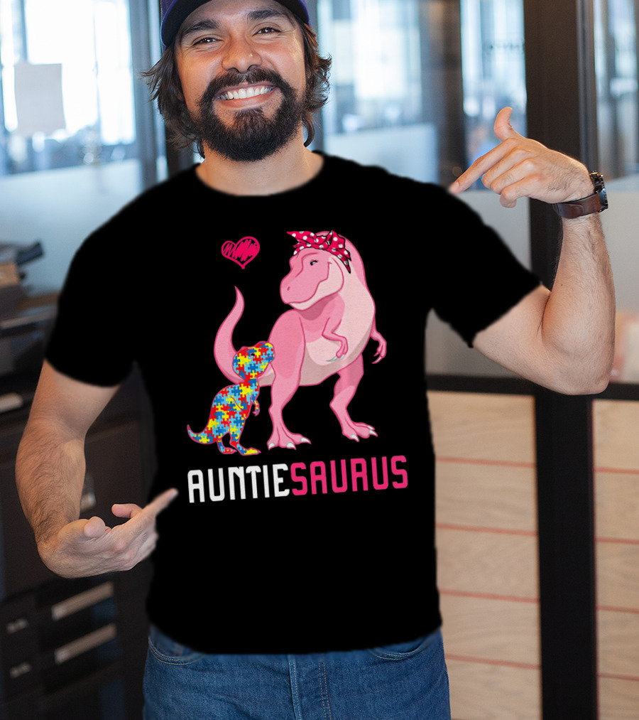 Auntiesaurus Dinosaur Puzzle Piece Heart Autism Awareness T-Shirt