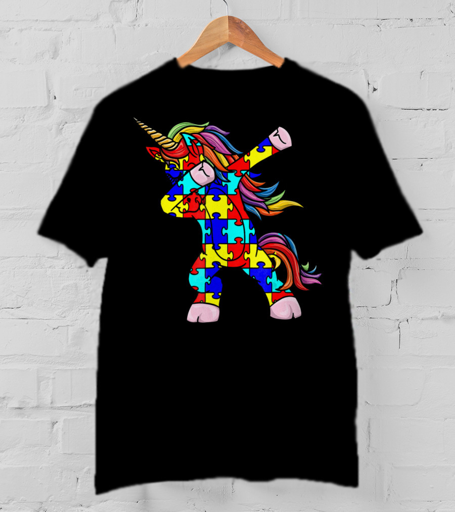 Autism Awareness Unicorn Dabbing Puzzle Pattern Rainbow Mane T-Shirt