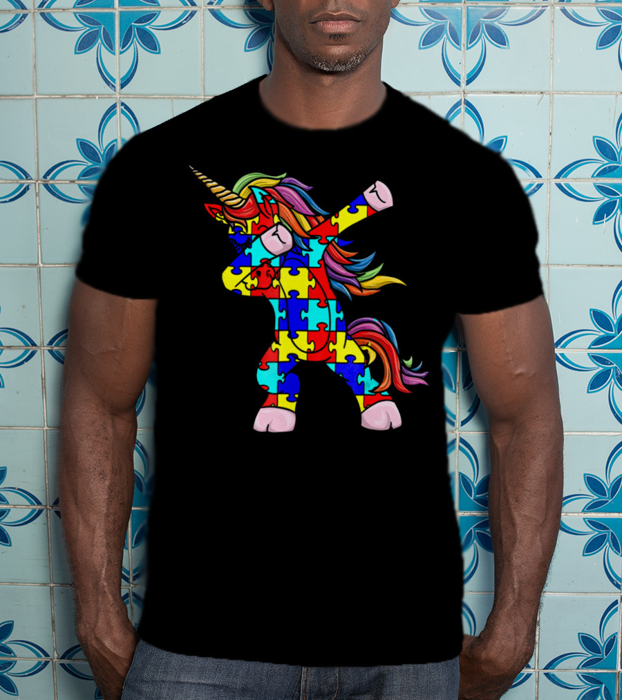 Autism Awareness Unicorn Dabbing Puzzle Pattern Rainbow Mane T-Shirt