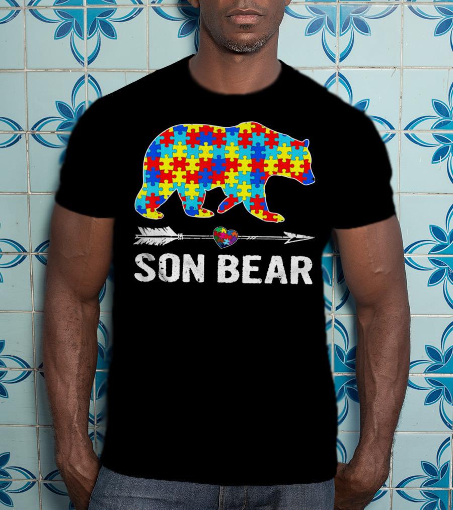 Son Bear Autism Awareness Puzzle Heart Arrow T-Shirt