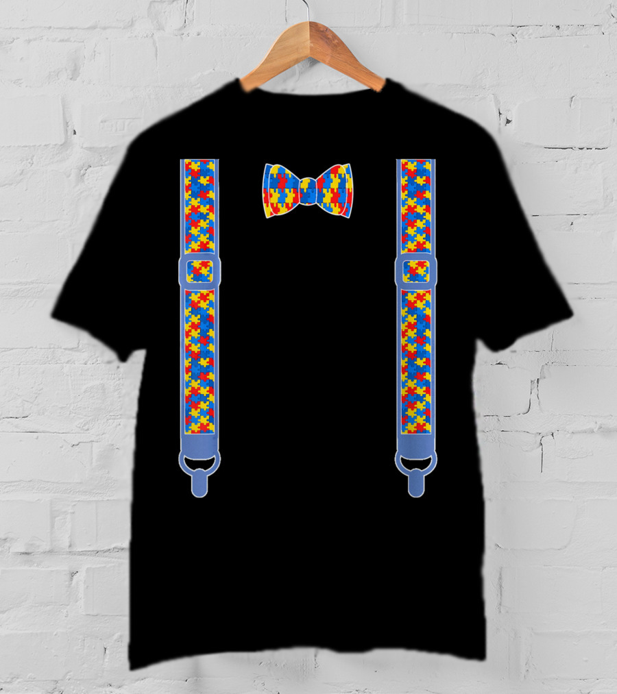 Autism Awareness Puzzle Pattern Bow Tie And Suspenders T-Shirt