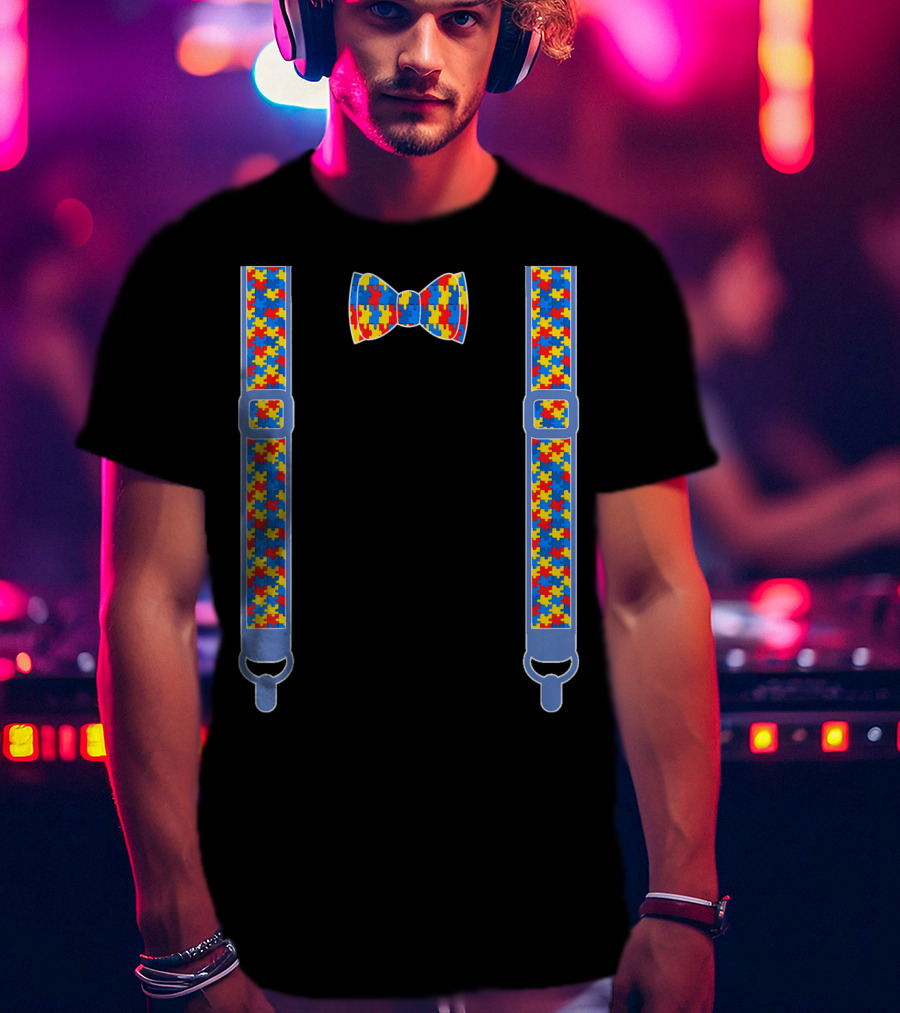 Autism Awareness Puzzle Pattern Bow Tie And Suspenders T-Shirt